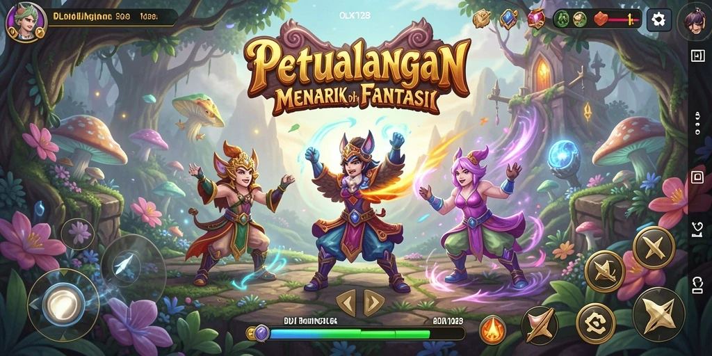 Screenshot gameplay OLX128 dengan karakter menjelajah dunia fantasi.