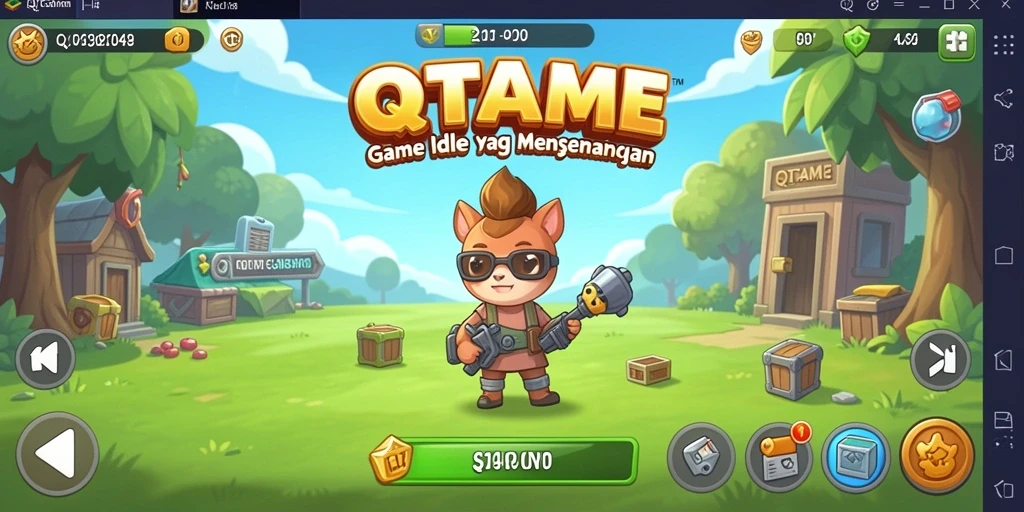 Tampilan gameplay QTGAME dengan karakter yang bekerja secara otomatis.