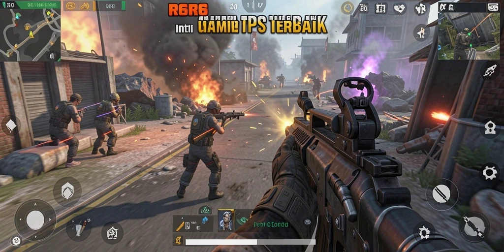 Tampilan utama gameplay R6R6 dengan aksi menegangkan di arena tempur.