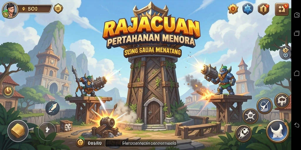 Tampilan gameplay seru di RAJACUAN dengan pertahanan menara di medan perang.